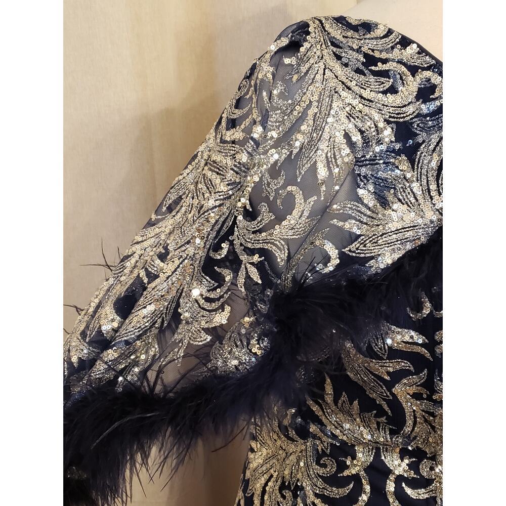 EY Boutique Blue & Silver Sparkle Sequin Gown w/ Feather Trim, Size XL | NWT - Picture 5 of 12